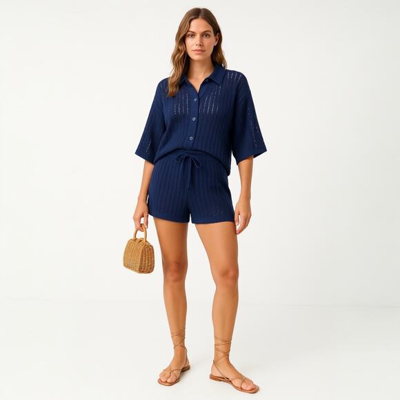 4th & Reckless Henrique Women's Blue Open Knit Beach Swim Cover Up Shirt Set L - Picture 1 of 7
